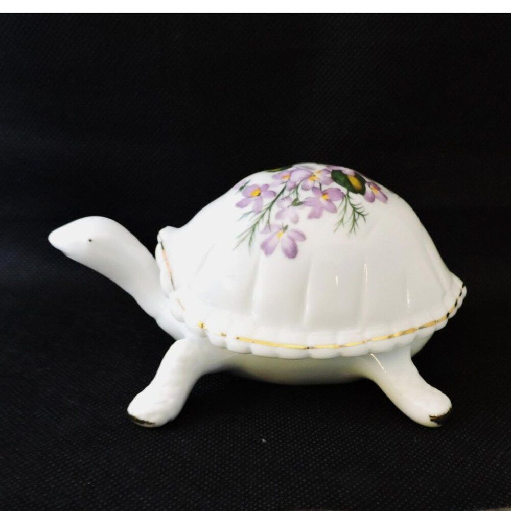 Vintage Lefton Porcelain Trinket Box With Violets Turtle Shaped Jewelry Storage